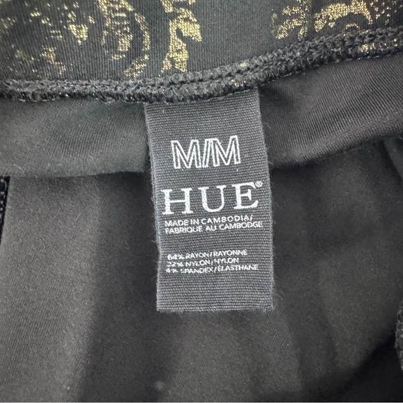 HUE pants ornate pattern shiny shimmer Black and Gold Patterned Legging style - Picture 9 of 11